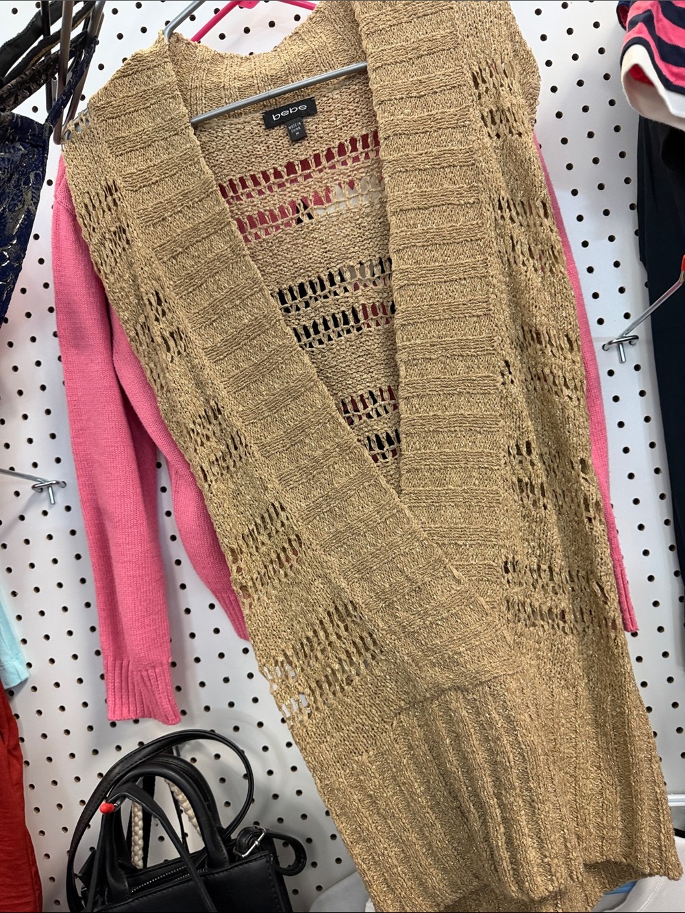 bebe Open Knit Long Cardigan Vest in Tan